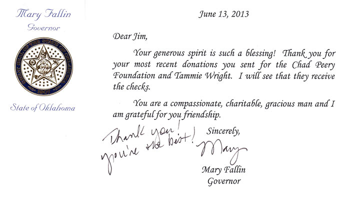 Thank-you letter from the Governor Mary Fallin to the Dillon Foundation