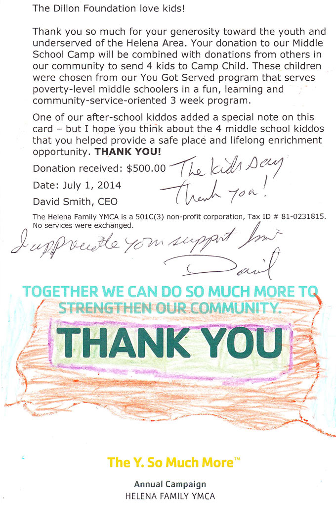 Camp Child YMCA Thank-You Letter