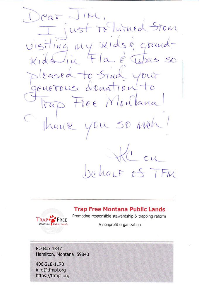Trap Free Montana Thank-you Letter